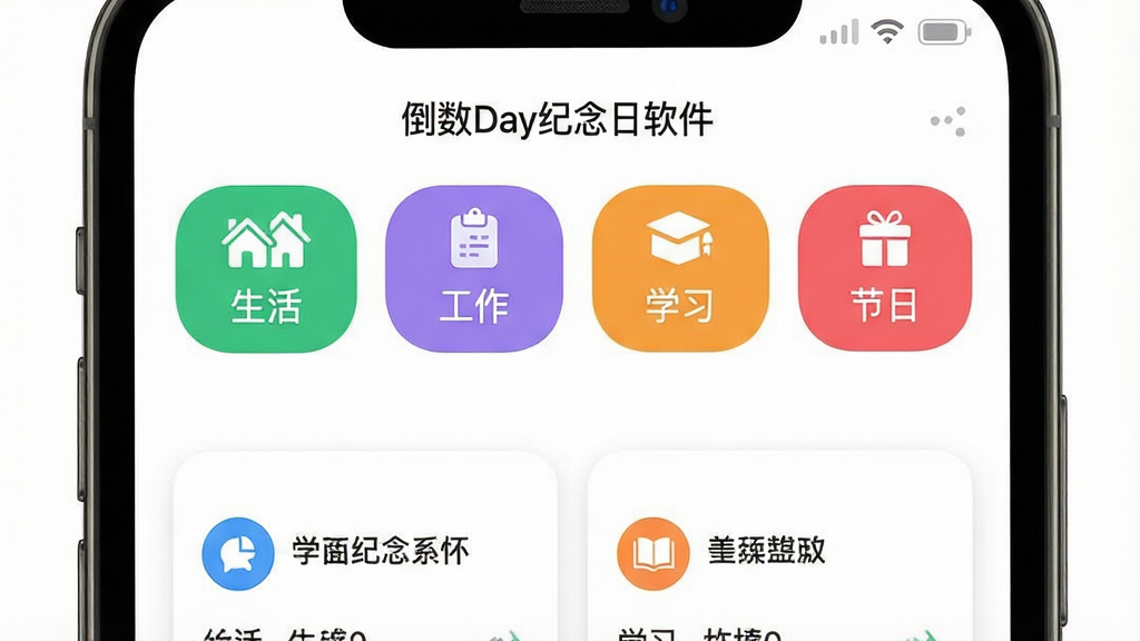 一张倒数Day纪念日软件的分类管理界面截图,画面中手机屏幕显示分类标签列表,标签包括“生活”“工作”“学习”“节日”,每个标签有不同颜色和图标,下方展示对应分类的事件卡片,背景为纯白色,风格为简洁UI设计,细节包括圆角标签、彩色图标、清晰的文字层级,画质高清,画面干净,无多余元素。