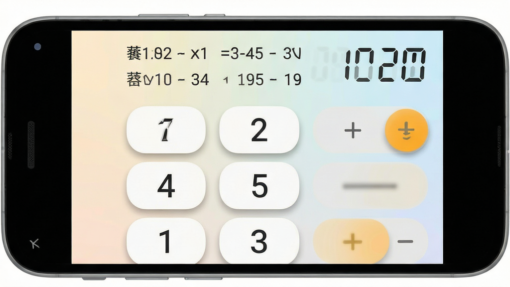 我的计算器App主界面展示,主体为一部安卓手机,屏幕显示简洁计算器键盘布局,数字按键大而清晰,顶部显示当前计算式与结果,背景为浅色渐变,排版居中,风格简约现代,细节包括圆角按键、柔和阴影、清晰数字字体,画质高清,干净,无多余元素
