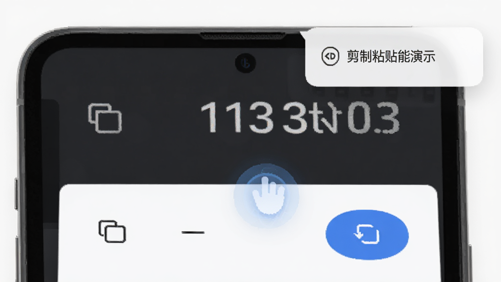 我的计算器复制粘贴功能演示,主体为手机屏幕显示计算结果与复制按钮,布局为结果展示区与功能按钮区,排版简洁,风格现代扁平,细节包括复制图标、轻触反馈动画、剪贴板提示气泡,画质高清,干净,无多余元素