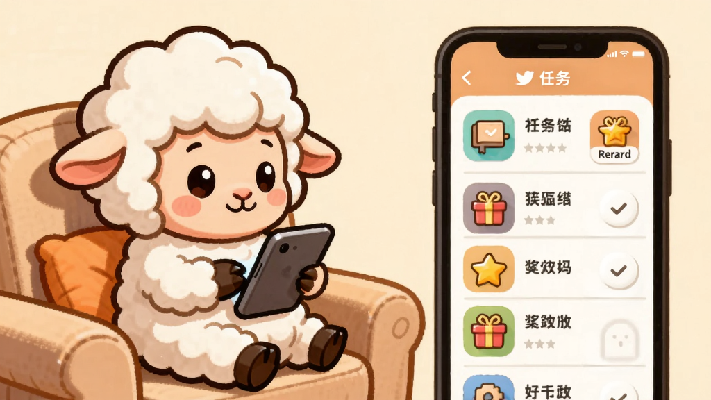 主体为卡通小羊坐在沙发上操作手机,手机屏幕显示任务列表与奖励图标;布局为左右结构,左侧为小羊,右侧为手机界面;排版均衡;风格为温馨卡通插画,暖色调;细节上任务图标清晰,奖励符号醒目;画质高清,干净整洁,无多余装饰。