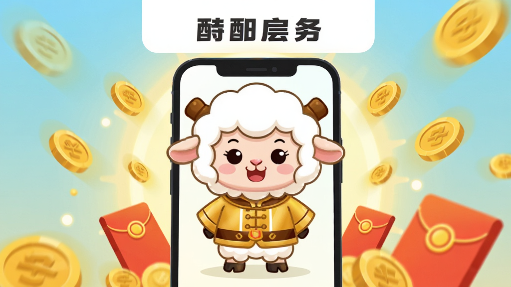 主体为一只卡通风格的小羊形象,身着富贵金色服饰,站在手机屏幕中央,周围环绕金币与红包元素;布局采用居中构图,上方留白展示应用名称;排版清晰,主体突出;风格为扁平化卡通插画,色彩明快;细节上小羊表情喜庆,背景带有柔和光晕;画质高清,干净整洁,无多余元素。