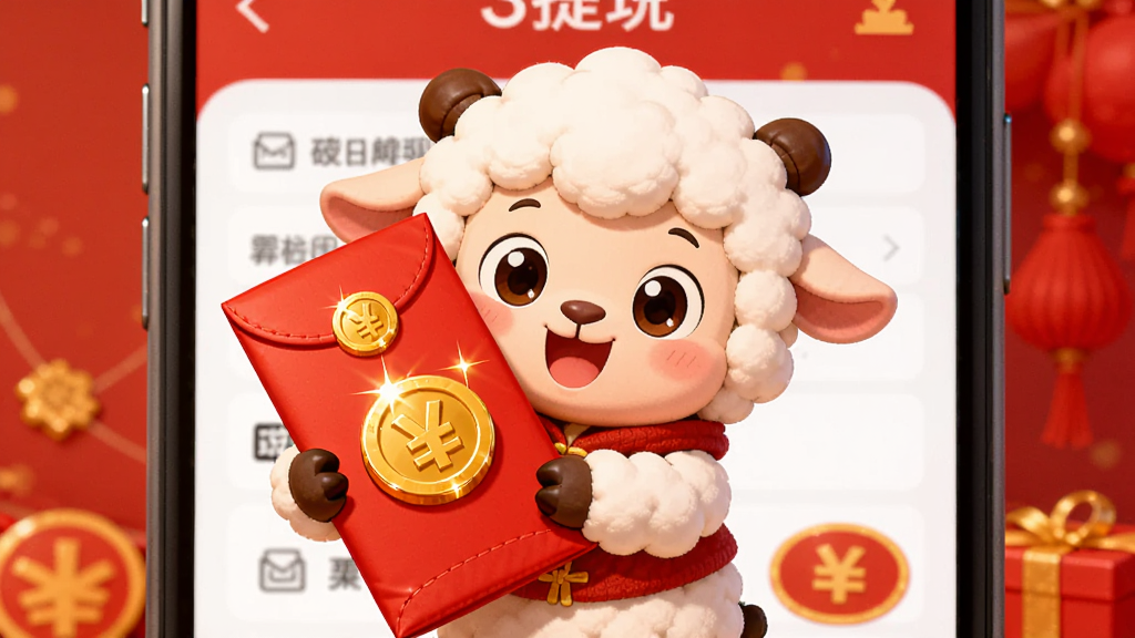 主体为卡通小羊手捧红包,红包上带有金币符号,背景为手机提现界面;布局为居中构图,小羊与红包为视觉中心;排版简洁;风格为喜庆卡通插画,红色与金色为主;细节上红包饱满,金币闪光;画质高清,干净无杂乱。