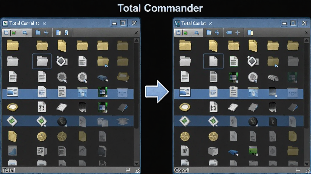 Total Commander 双窗口操作示意图,主体为左右两个文件列表窗口,中间有复制箭头标识,布局居中对称。风格为扁平化科技感,细节包含文件夹图标、文件类型图标、高亮选中的文件条目,画面中标注