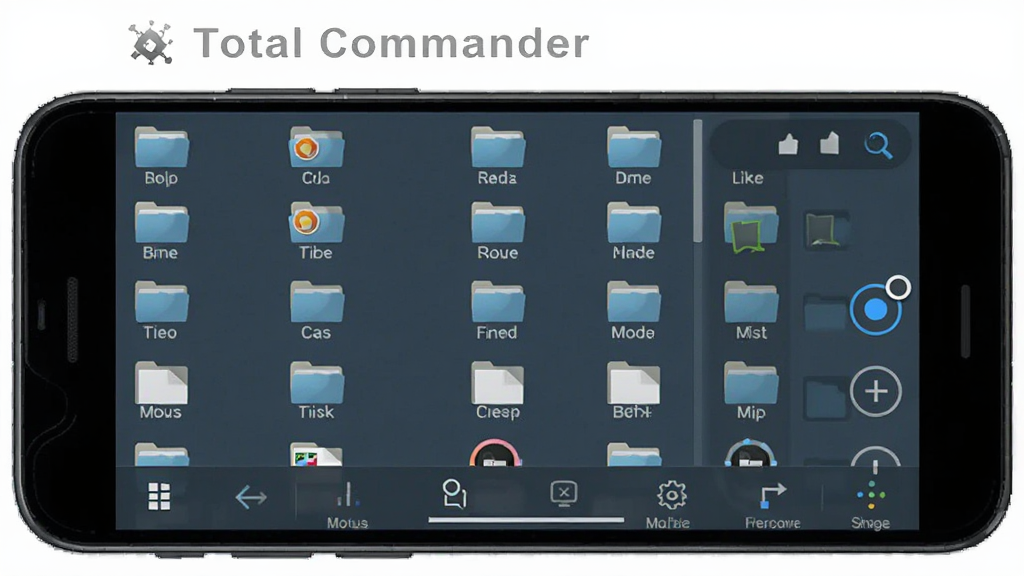 Total Commander 安卓版操作界面展示图,主体为手机屏幕显示文件列表与底部功能菜单,布局为移动端竖屏布局,风格为现代移动应用界面,细节包含文件夹图标、多选状态、底部操作栏,画面中标注