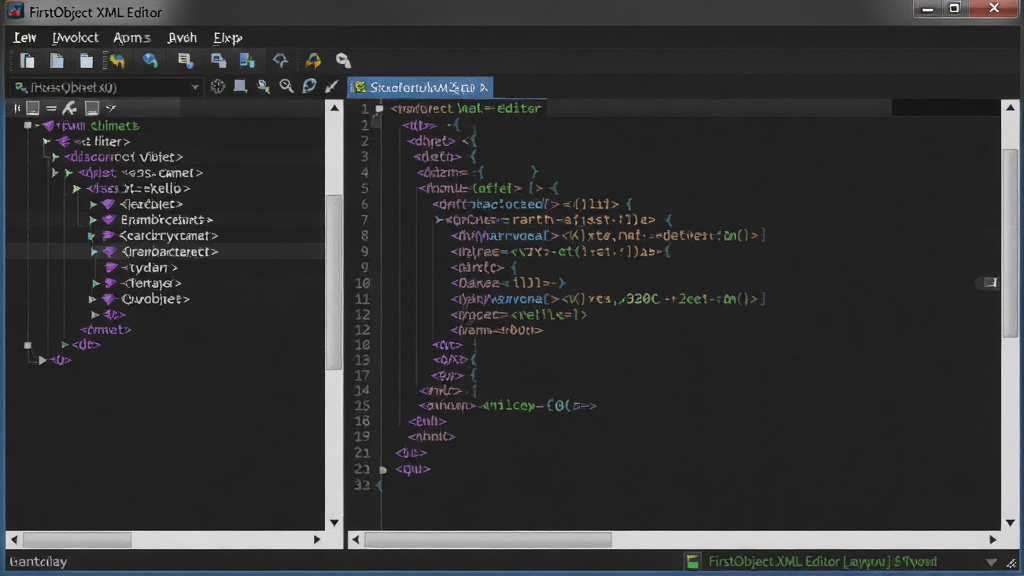 FirstObject XML Editor ����������Ԥ��ͼ����������չʾһ����ɫ�����XML���νṹ�༭���ڣ����Ϊ���۵��Ľڵ��б����Ҳ�Ϊ����༭���򣬴��ڶ����в˵����͹����������岼��Ϊ����������������ʽ�Ű棬���Ϊרҵ�����߹��߷��ϸ�ڰ�����ɫ�﷨�������ڵ������ߡ���������״̬������������������ɾ����޶���Ԫ��