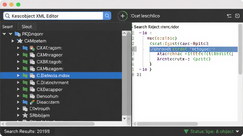 FirstObject XML Editor �ڵ��������ܽ���ͼ������չʾ��������������ؼ��ʺ������б��ж��ƥ��ڵ㱻������ǣ��Ҳ�༭��ͬ����ʾƥ�䵽�Ĵ���Ƭ�Σ�����ײ����������������ʾ�����Ϊרҵ��������������ϸ�ڰ��������򡢸�����ǡ���ת��ť��״̬��ʾ����������������ɾ����޶���Ԫ��