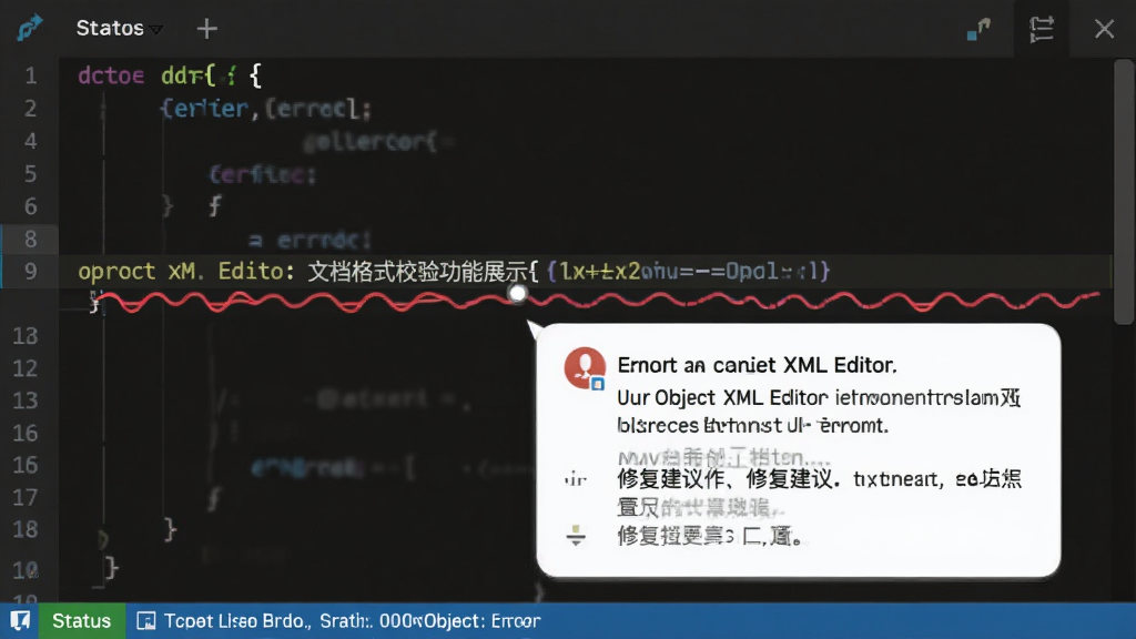FirstObject XML Editor �ĵ���ʽУ�鹦��չʾͼ������չʾ����������ĳһ�д����·����ֺ�ɫ�����ߴ�����ʾ���Աߵ�������˵�����ݣ�״̬����ʾУ������Ϣ�����Ϊ����༭��������ʾ������ϸ�ڰ��������и�������ʾͼ�ꡢ�޸��������֣���������������ɾ����޶���Ԫ��