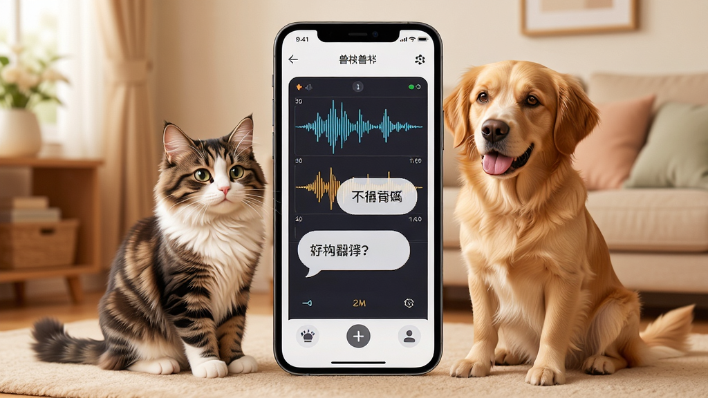 兽宠物翻译软件主界面,背景温馨居家环境,一只猫咪和一只狗狗蹲坐在手机屏幕前,屏幕内显示声波分析图和翻译文字气泡,布局居中,风格清新可爱,细节包括宠物毛发质感、手机UI元素,画质高清,干净,无多余元素