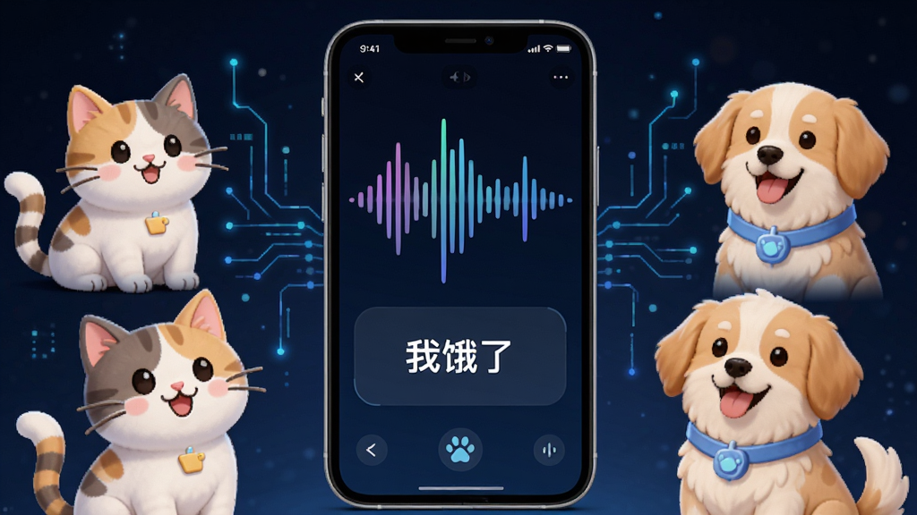 兽宠物翻译功能展示图,画面中央一部智能手机,屏幕显示声波波形和翻译结果“我饿了”,周围环绕猫咪和狗狗的卡通形象,布局对称,风格科技感与可爱风结合,细节有数据流线条,画质清晰,干净,无多余元素