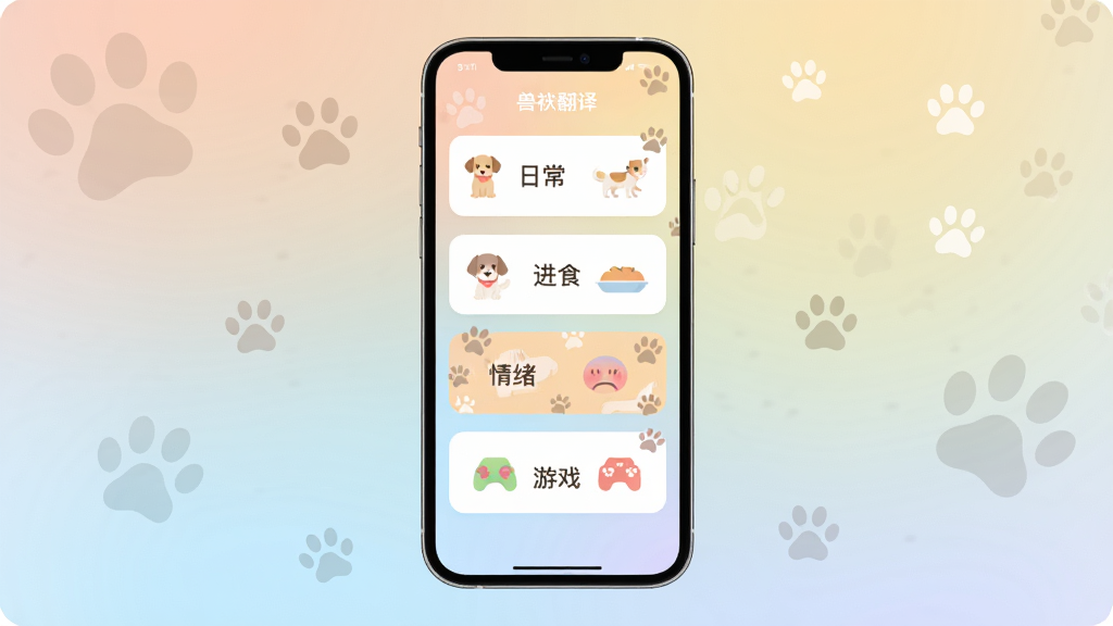 兽宠物翻译多场景模式界面,手机屏幕显示四个场景选项卡,分别标注“日常”“进食”“情绪”“游戏”,背景为柔和的渐变色,布局清晰,风格扁平化设计,细节有宠物爪印装饰,画质高清,干净,无多余元素