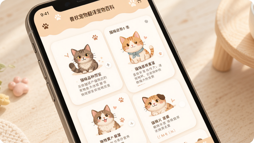 兽宠物翻译宠物百科界面,手机屏幕显示猫咪品种图鉴和文字介绍,布局图文混排,风格温暖柔和,细节有宠物插图和信息卡片,画质高清,干净,无多余元素