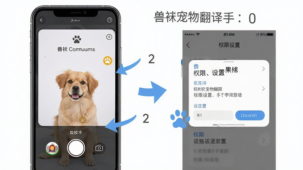 兽宠物翻译新手操作示意图,画面展示手机屏幕录制按钮和权限设置界面,布局分步引导,风格简洁明快,细节有箭头指示和文字标注,画质清晰,干净,无多余元素