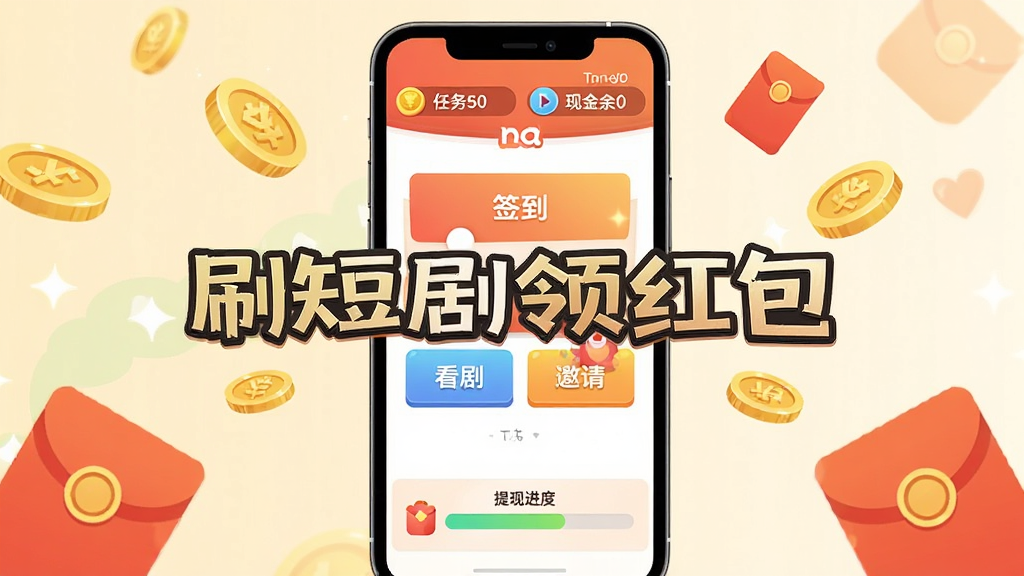 手机界面显示红包任务中心,页面顶部是金币总数和现金余额,中部有“签到”“看剧”“邀请”等任务按钮,底部是提现进度条,周围散落金币和红包图形,风格为卡通扁平化,色彩明亮,画质干净,无多余元素,图片中打文字“刷短剧领红包”
