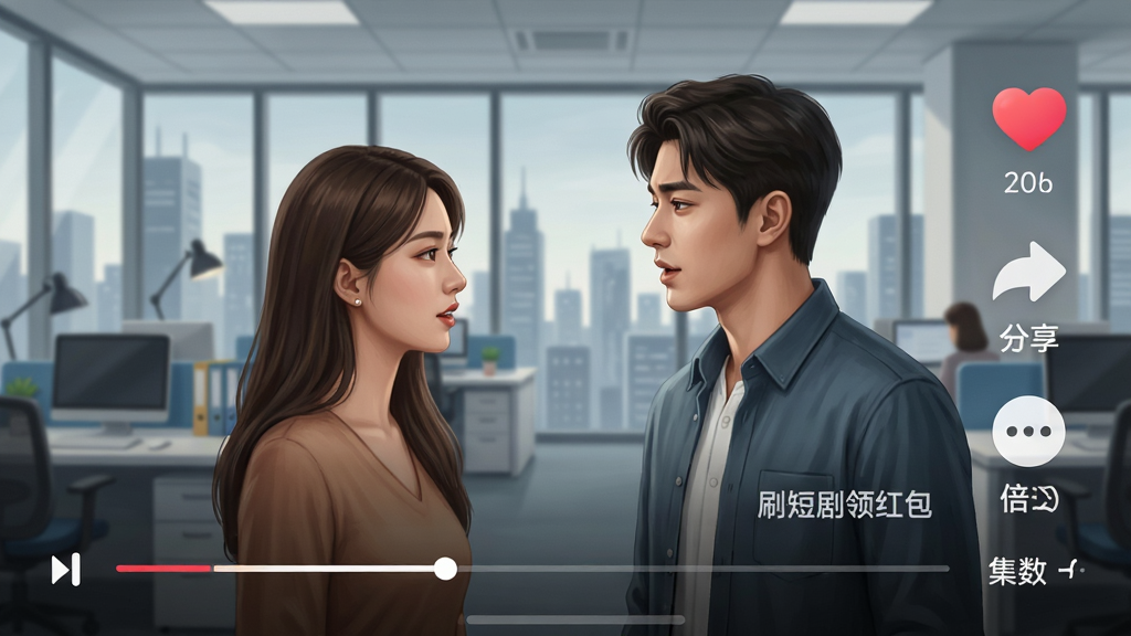手机竖屏播放短剧画面,画面中男女主角正在对话,屏幕右侧有爱心、分享、倍速等悬浮按钮,底部有进度条和集数显示,背景是都市办公室场景,风格为写实插画,画质细腻,干净无杂乱元素,图片中打文字“刷短剧领红包”