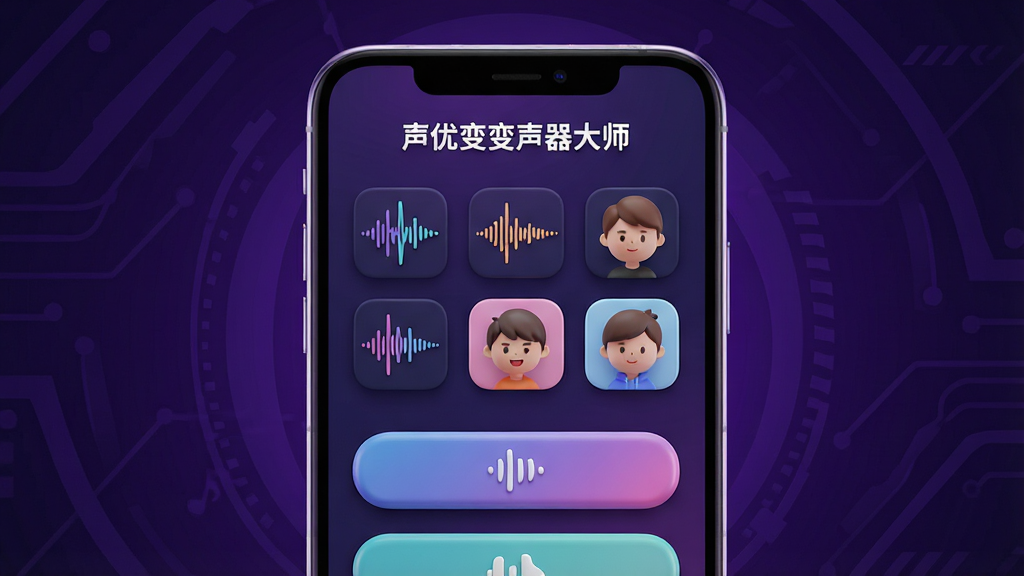 画面中央放置一部智能手机,屏幕上显示“声优变变声器大师”软件界面,界面包含多种声音波形图标和卡通头像,背景为深紫色渐变科技感风格,主体突出手机与软件界面,布局采用居中对称构图,排版简洁,风格为3D渲染科技风,细节上手机边缘有微光反射,界面按钮带有立体感,画质高清,干净,无多余元素