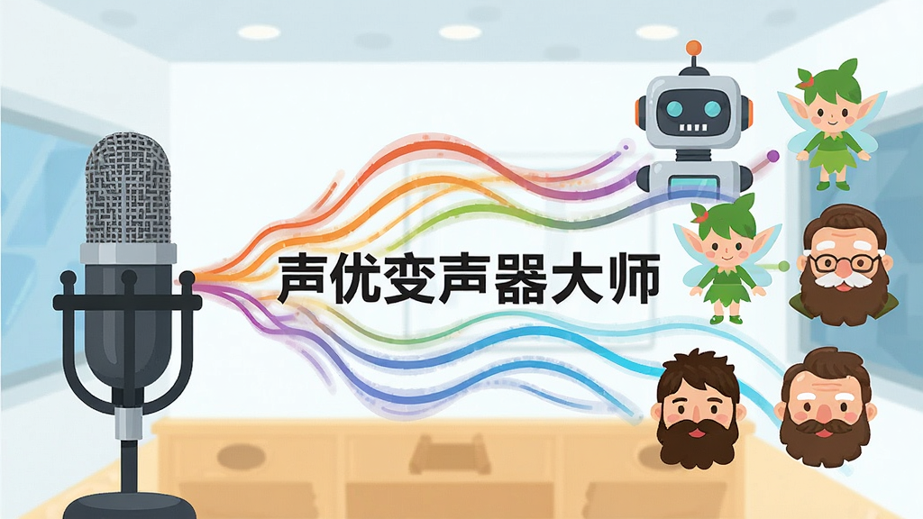 一个卡通风格的录音棚场景,麦克风位于画面左侧,声波以彩色线条形式从麦克风传出并在右侧转化为多个不同角色的头像,包括机器人、小精灵、大叔等,画面中央悬浮“声优变声器大师”文字,布局为横向流动式,排版错落有致,风格为扁平插画风,细节上声波带有渐变色彩,画质清晰,干净,无多余元素