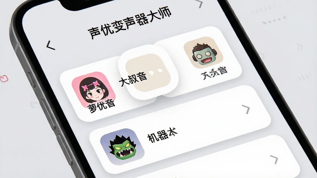 手机屏幕特写,屏幕上展示“声优变声器大师”的音效库列表,列表项包含萝莉音、大叔音、机器人、怪兽等图标,界面采用卡片式布局,背景为浅灰色,风格为现代UI设计,细节上每个卡片带有圆角与轻微阴影,画质高清,干净,无多余元素