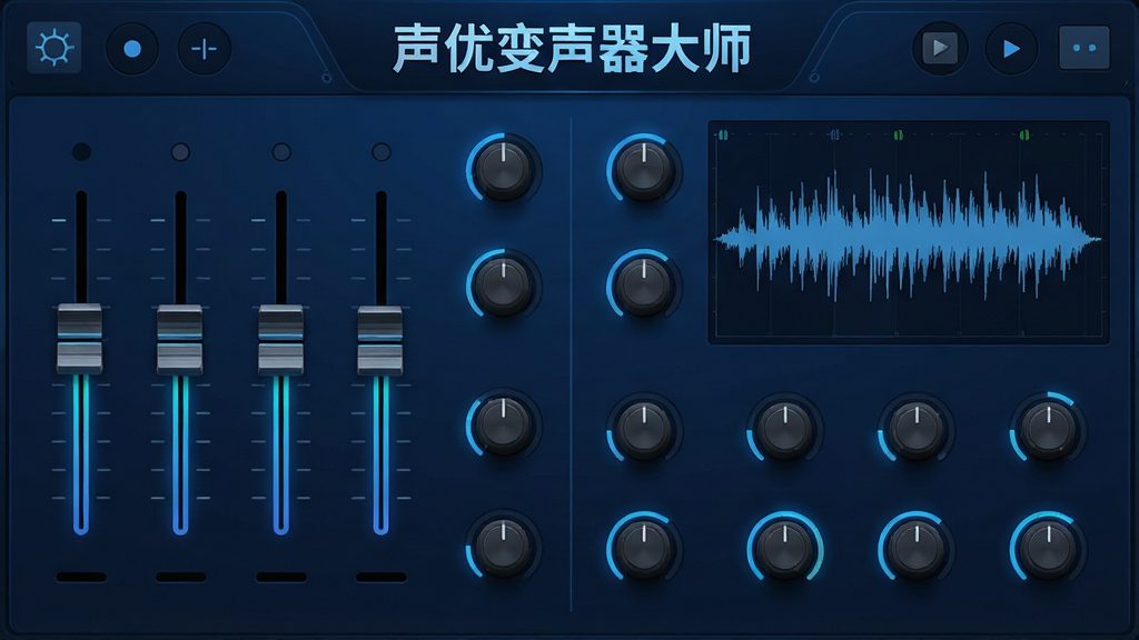 一张科技感十足的调音台界面截图,滑块与旋钮排列整齐,屏幕上方显示“声优变声器大师”的Logo,背景为深蓝色,布局为左右分区,左侧为参数滑块,右侧为波形预览,风格为专业音频软件风格,细节上滑块带有发光效果,画质精细,干净,无多余元素