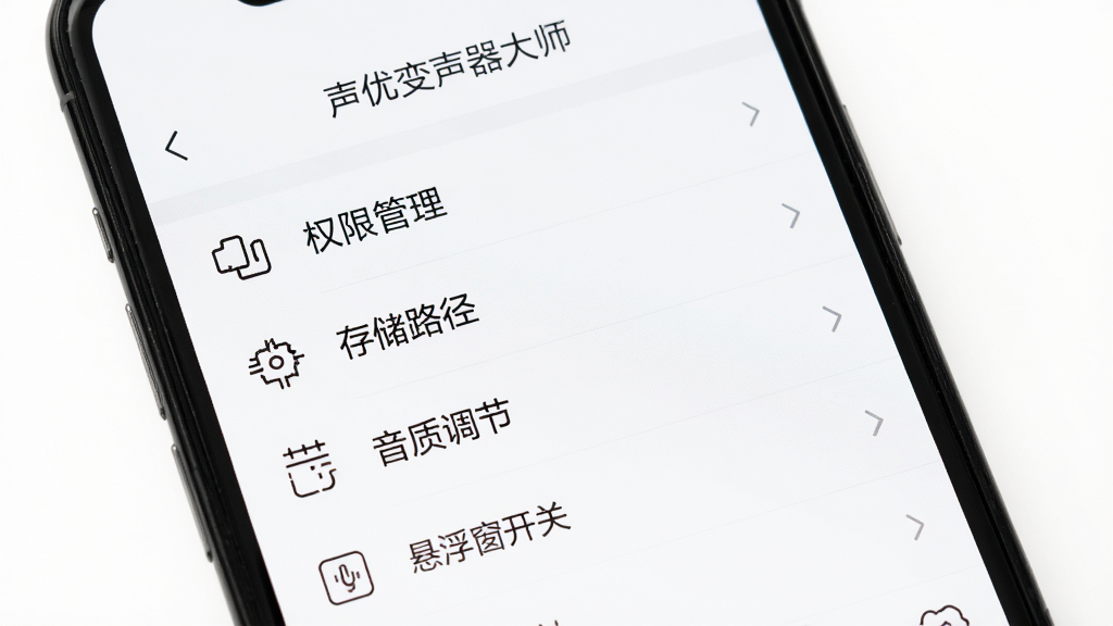 手机屏幕显示“声优变声器大师”的设置菜单,菜单项包含权限管理、存储路径、音质调节、悬浮窗开关,背景为纯白色,布局为列表式,风格为极简UI,细节上图标为线性风格,画质清晰,干净,无多余元素