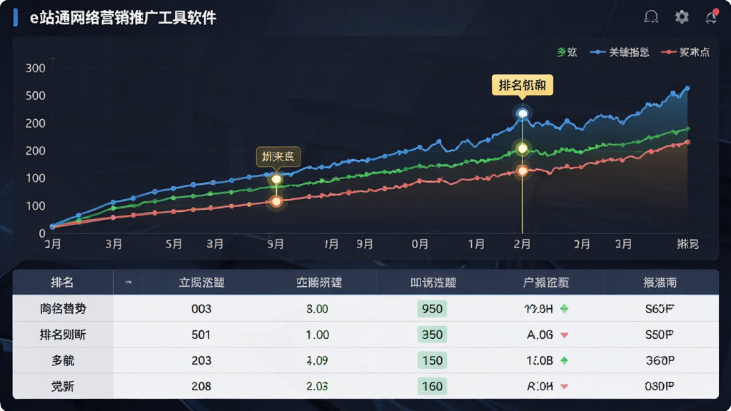 一张展示e站通网络营销推广工具软件关键词排名监控图表的图片,主体为折线趋势图与排名数据表格,布局采用上图表下表格的排版方式,风格为数据可视化仪表盘风格,细节包括清晰的坐标轴、不同颜色的数据线、高亮标注的排名变化节点,画质清晰干净,无多余元素。
