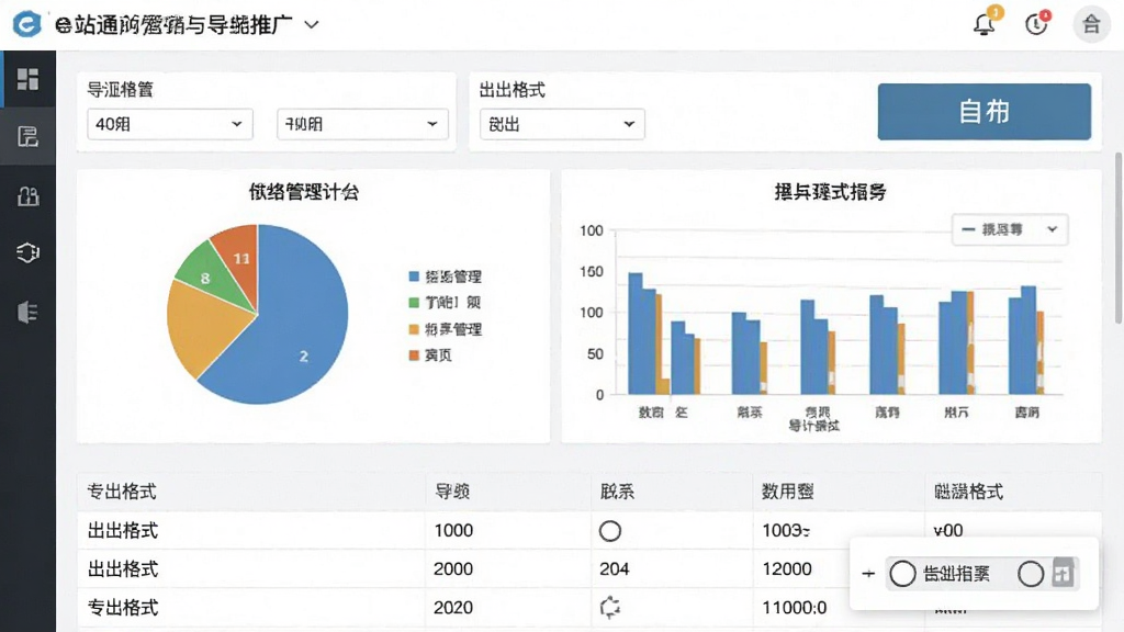一张展示e站通网络营销推广工具软件数据统计与导出功能的图片,主体为统计报表界面与导出按钮,布局采用上方筛选条件下方数据表格的排版,风格为专业数据管理界面风格,细节包括饼状图、柱状图、导出格式选项,画质清晰干净,无多余元素。