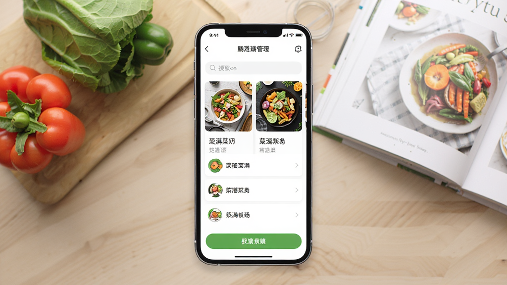 一张展示鹏满菜谱管理APP主界面的手机预览图,画面中央是一部竖直放置的智能手机,屏幕内显示菜谱分类卡片与搜索栏,背景为干净浅色木质厨房台面,旁边摆放新鲜蔬菜与一本翻开的食谱,风格写实清新,细节包含图标、文字列表与按钮,画质清晰,无多余元素