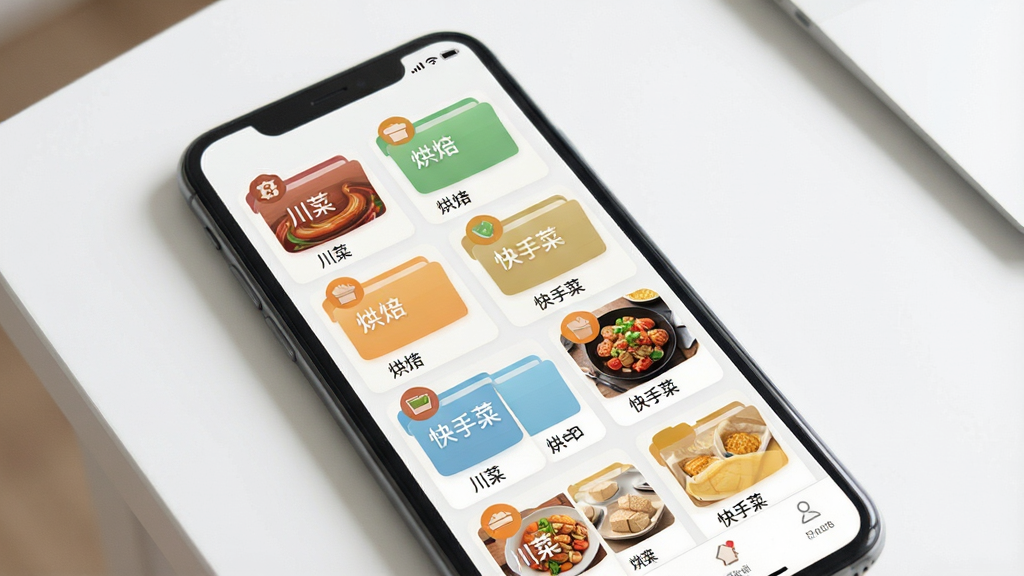 一张鹏满菜谱管理APP菜谱收纳界面的示意图,画面主体为手机屏幕,屏幕内显示多个菜谱文件夹与缩略图网格,每个文件夹标注“川菜”“烘焙”“快手菜”等标签,背景为简洁的白色桌面,光线柔和,风格现代扁平,细节包含文件夹图标、文字标签与排列整齐的卡片,画质干净,无多余元素