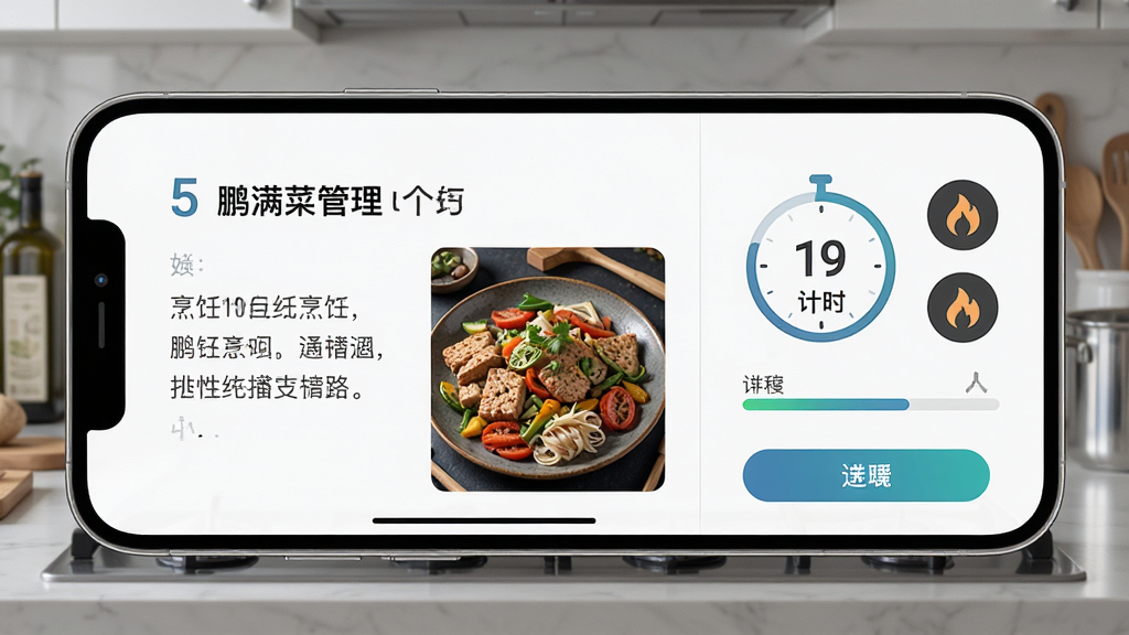 一张鹏满菜谱管理APP步骤分屏展示的示意图,画面中手机横屏放置,左侧显示烹饪步骤文字与配图,右侧显示计时器与火力调节图标,背景为厨房灶台场景,风格写实科技感,细节包含步骤序号、进度条与按钮,画质清晰,无多余元素