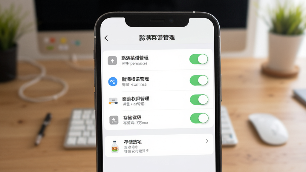 一张展示鹏满菜谱管理APP安装权限设置界面的示意图,画面为手机屏幕特写,屏幕内显示权限开关列表与存储选项,背景为模糊的桌面环境,风格简洁明了,细节包含开关按钮、文字说明与图标,画质清晰,无多余元素