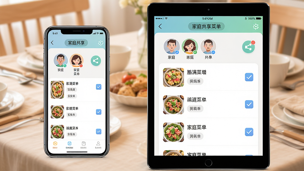 一张鹏满菜谱管理APP家庭共享菜单界面的示意图,画面中一部手机与一台平板并排显示同一份菜单,屏幕内包含家庭成员头像、菜品列表与勾选状态,背景为温馨餐桌场景,风格柔和明亮,细节包含共享图标、文字标签与色彩区分,画质干净,无多余元素