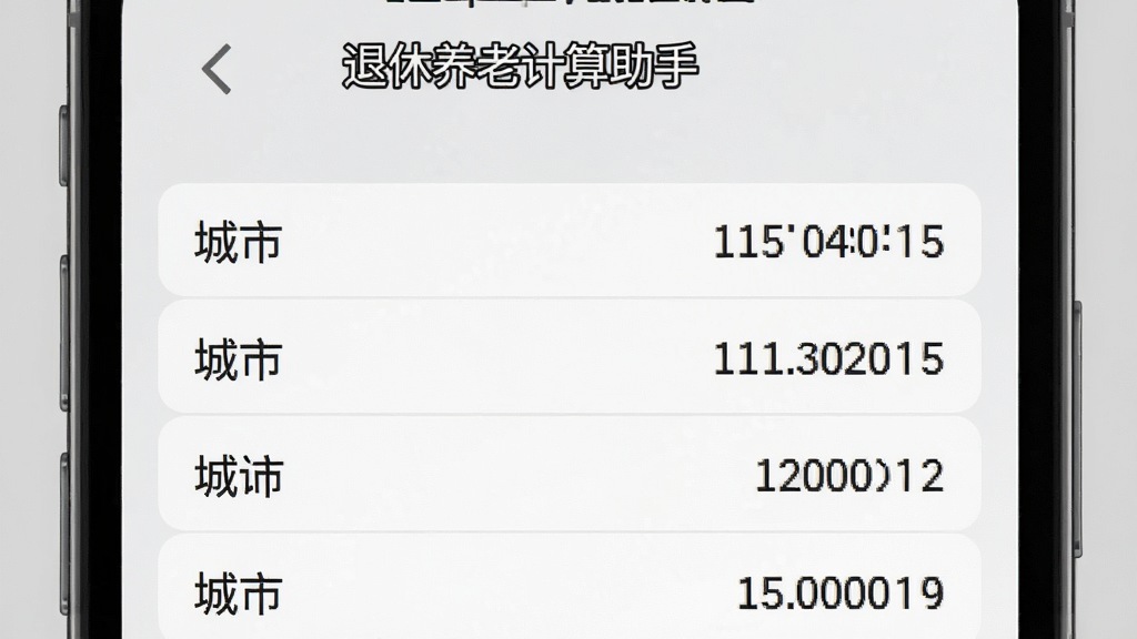 退休养老计算助手软件中城市选择与社平工资数据展示界面,画面为手机屏幕特写,屏幕上列出多个城市名称及其对应的社平工资数值,界面整洁有序,背景为浅灰色,风格商务简约,画质清晰,干净,无多余元素