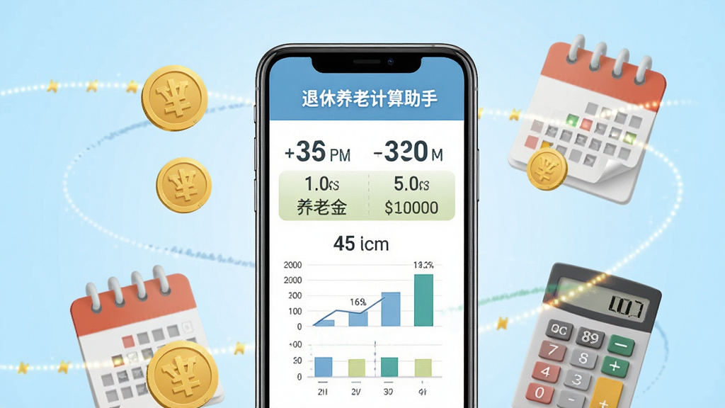 一张展示退休养老计算助手软件界面的图片,画面中央是一部智能手机,手机屏幕上显示着养老金计算结果页面,有清晰的数字和图表,手机周围环绕着金币、日历、计算器等元素,背景是柔和的浅蓝色渐变,整体风格简洁明快,排版居中,画质清晰,干净,无多余元素