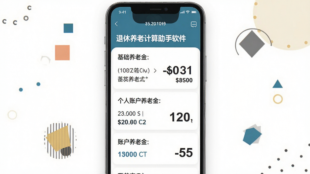 退休养老计算助手软件中养老金测算结果页面的详细展示图,画面主体为手机屏幕,屏幕上显示着各项养老金明细数据,包含基础养老金、个人账户养老金等条目,数字清晰醒目,背景为干净的白色,周围点缀着简单的几何图形装饰,风格现代简约,画质清晰,干净,无多余元素