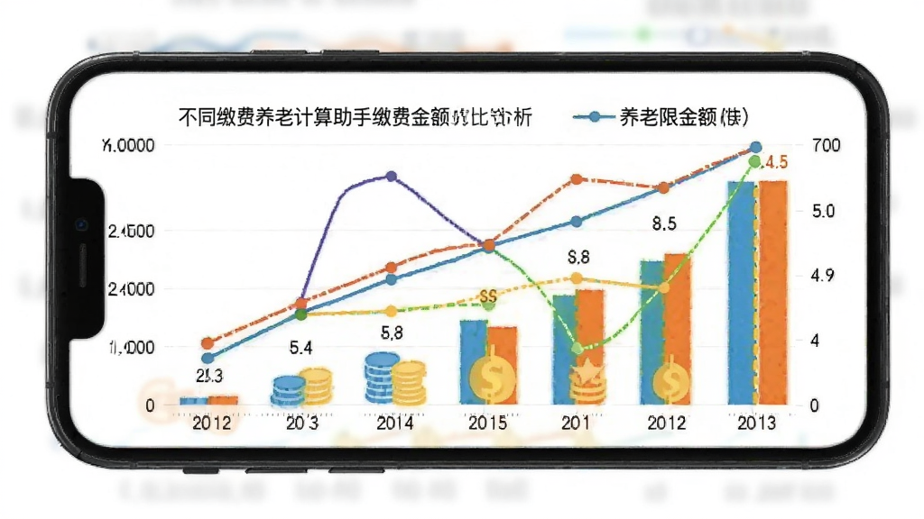 退休养老计算助手软件中缴费年限对比分析图表界面,画面为手机屏幕显示折线图或柱状图,展示不同缴费年限对应的养老金金额变化趋势,图表颜色鲜明,背景为白色,风格数据可视化,画质清晰,干净,无多余元素