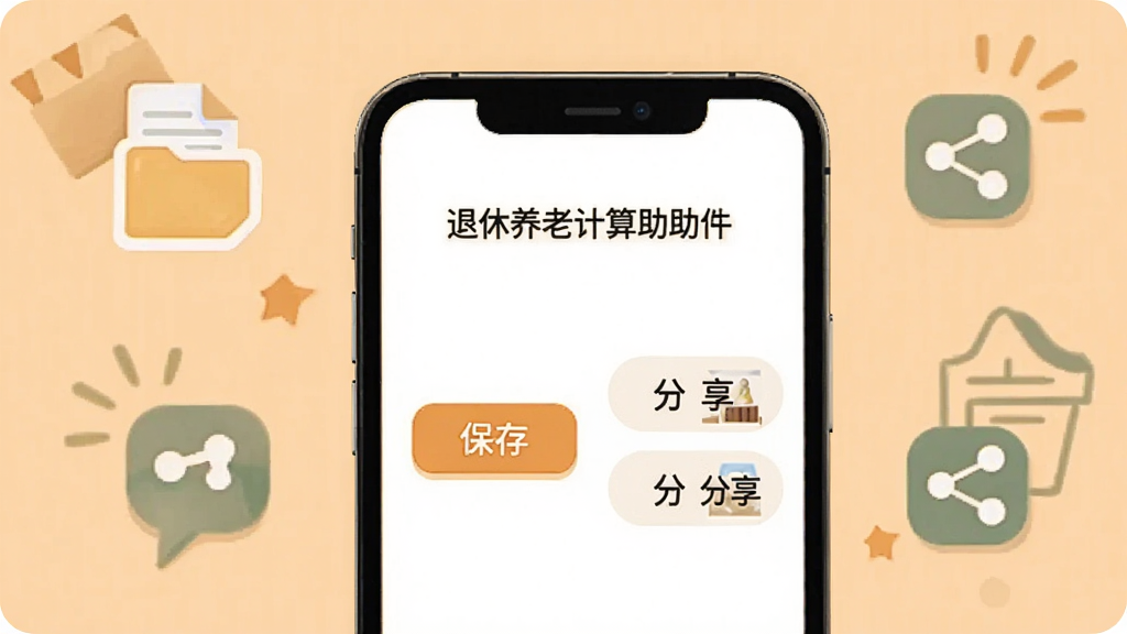 退休养老计算助手软件中测算结果保存与分享界面,画面为手机屏幕显示保存按钮和分享选项,周围有文件图标和分享图标装饰,背景为浅橙色,风格温暖友好,画质清晰,干净,无多余元素