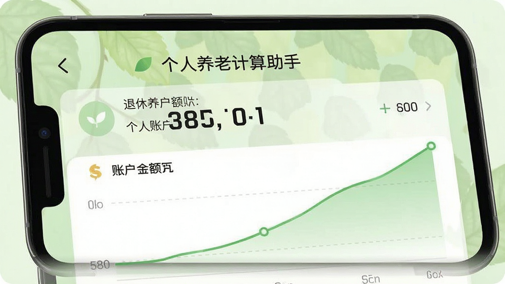 退休养老计算助手软件中个人账户余额模拟界面,画面为手机屏幕显示账户余额数字和累计曲线,界面设计清爽,背景为淡绿色,风格清新自然,画质清晰,干净,无多余元素