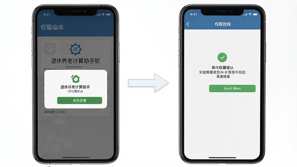 退休养老计算助手软件在手机上的安装与权限设置操作示意图,画面展示手机屏幕上的安装确认弹窗和权限授权界面,界面清晰,背景为纯色,风格教程类,画质清晰,干净,无多余元素