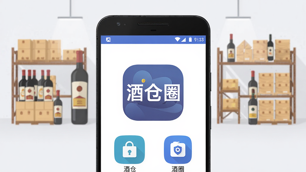 手机屏幕中展示酒仓圈应用主界面,画面中央是酒仓圈软件名称“酒仓圈”文字标识,主体为一部安卓手机,布局采用居中构图,排版简洁清晰,风格为现代扁平化科技风,细节包括酒瓶、仓库货架、手机图标等元素,画质高清,干净,无多余元素