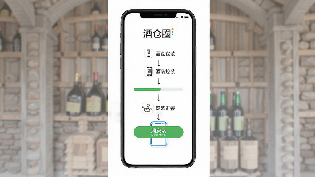 酒仓圈安卓手机安装步骤示意图,画面主体为手机屏幕展示安装界面,布局为竖向排列的步骤流程,排版清晰,风格为简洁教程风,细节包括安装按钮、进度条、手机图标,画面中带有“酒仓圈”文字,画质高清,干净,无多余元素