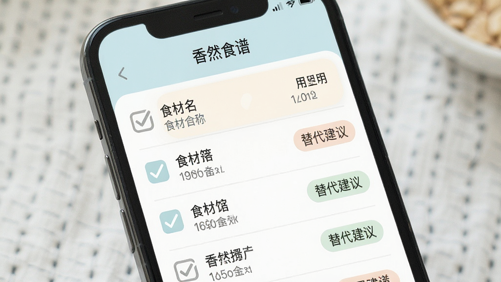 香然食谱 食材清单界面,主体为手机屏幕,布局为列表形式,展示食材名称与用量,风格为柔和浅色系,细节包含勾选框与替代建议标签,画质清晰,干净,无多余元素