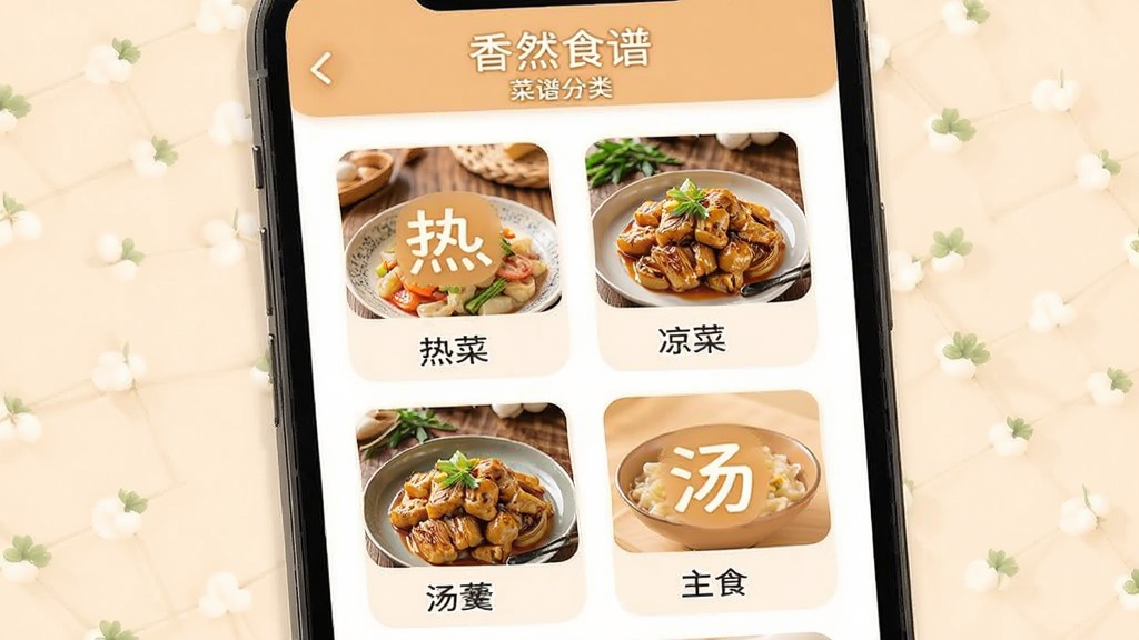 香然食谱 菜谱分类界面,主体为手机屏幕,布局为网格状分类入口,包含热菜、凉菜、汤羹、主食等图标,风格清新温暖,细节为每个分类配有代表性菜品小图,画质清晰,干净,无多余元素