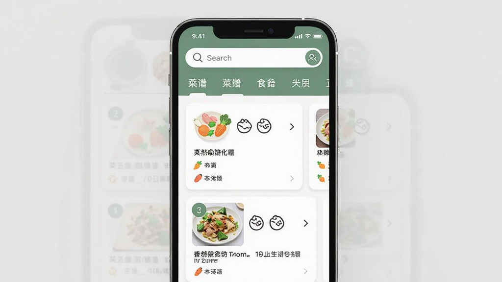 香然食谱 手机应用界面展示图,主体为一部智能手机,屏幕显示菜谱列表与步骤详情,布局采用上下结构,上方为搜索框与分类标签,中部为菜品卡片,风格为现代简约扁平化,细节包含食材图标与烹饪步骤序号,画质清晰,干净,无多余元素