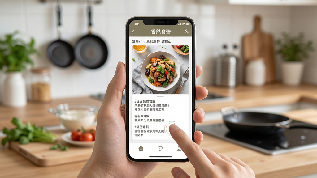 香然食谱 手机操作演示图,主体为手持手机展示菜谱步骤页面,布局为竖屏界面,风格为生活化场景,细节包含厨房背景与手指点击动作,画质清晰,干净,无多余元素