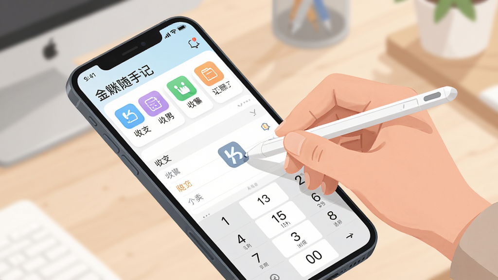 画面主体为一只手拿着触控笔在手机屏幕上点击记账分类图标,手机屏幕显示金蝶随手记的记账界面,界面中包含清晰的收支分类图标和数字键盘。布局采用斜角俯视构图,背景为柔和的办公桌面环境。排版简洁,风格为现代扁平化插画风,细节表现手机屏幕上的UI文字与分类图标,画质为高清4K,画面干净,无多余元素。
