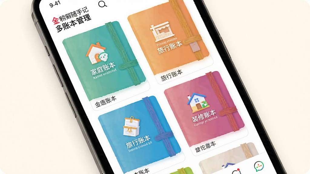 画面主体为手机屏幕显示金蝶随手记的多账本管理界面,界面中展示多个不同颜色的账本封面,如家庭账本、旅行账本、装修账本。布局采用手机正面构图,背景为柔和的米白色。排版简洁,风格为现代扁平化风,细节表现账本封面图标与文字,画质为高清4K,画面干净,无多余元素。