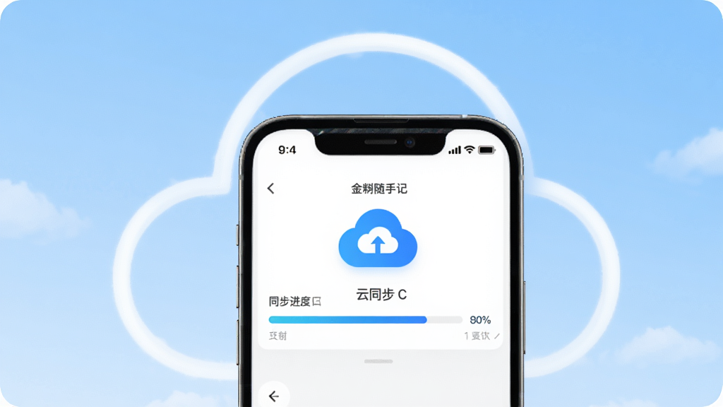 画面主体为手机屏幕显示金蝶随手记的云同步界面,界面中包含同步进度条和云端图标。布局采用手机与云朵图标结合的构图,背景为浅蓝色天空。排版简洁,风格为现代科技风,细节表现同步图标与进度条,画质为高清4K,画面干净,无多余元素。