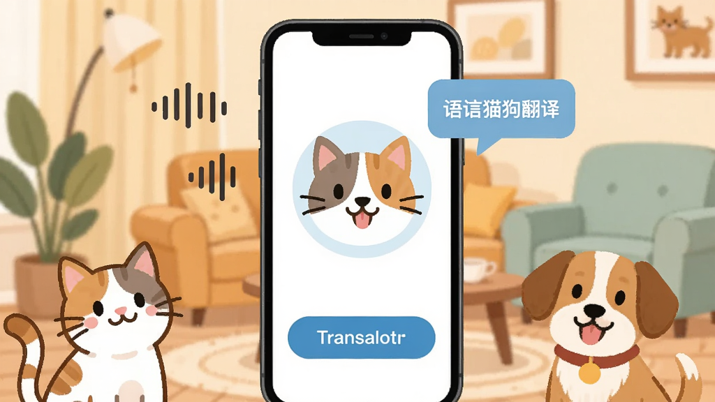 一张展示手机屏幕中运行语猫狗翻译应用的场景图,画面中央是一部智能手机,屏幕上显示着猫狗头像和翻译按钮的界面,周围环绕着可爱的猫咪和狗狗卡通形象,背景是温馨的家居环境,风格为扁平化插画,细节包括声波图标和翻译气泡,画质清晰,干净,无多余元素