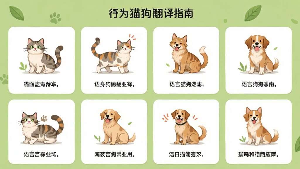 语猫狗翻译应用中行为解读指南的页面截图,画面以卡片形式展示猫咪和狗狗的常见动作插图,每张卡片配有文字说明,背景为浅绿色,风格清新自然,画质清晰,干净,无多余元素