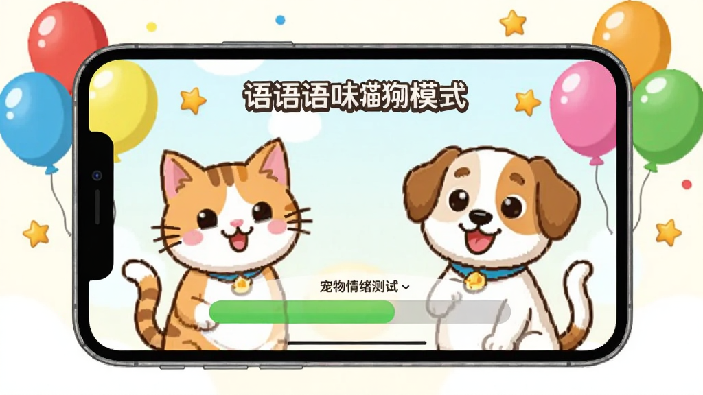 语猫狗翻译应用内趣味互动模式的界面,画面显示一个宠物情绪测试的进度条和卡通猫狗形象,背景有彩色的气球和星星装饰,风格活泼可爱,画质清晰,干净,无多余元素