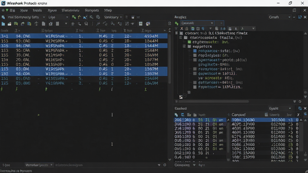 Wireshark 网络协议分析器软件主界面截图,展示数据包列表、协议树详情和十六进制视图,深色背景,蓝色高亮选中行,专业网络分析工具界面,清晰干净的 UI 布局,高分辨率,无多余元素